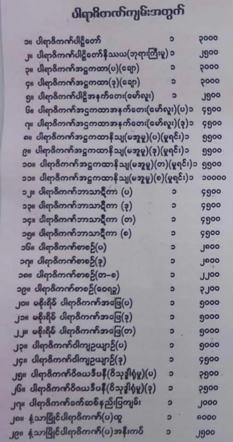 ဓမၼာစရိယတန္း အတြက္ စာအုပ္ ေစ်းႏႈန္းမ်ား (6-25-19) .pdf